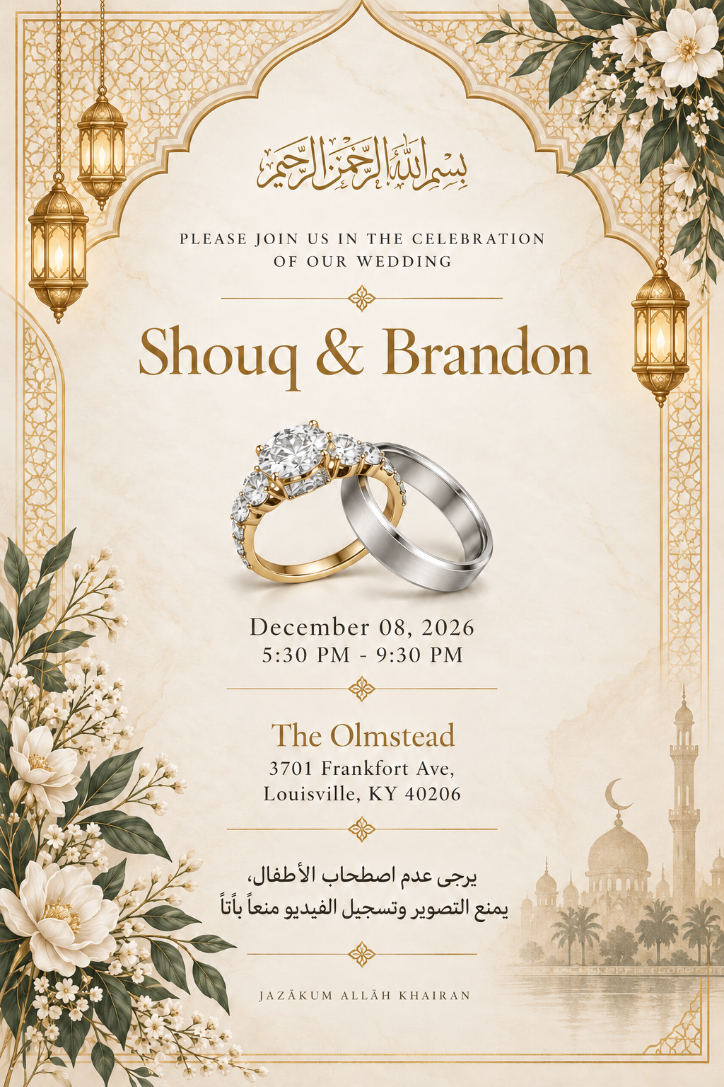 Wedding invitation for Shouq and Brandon on December 8, 2026 at The Olmsted in Louisville